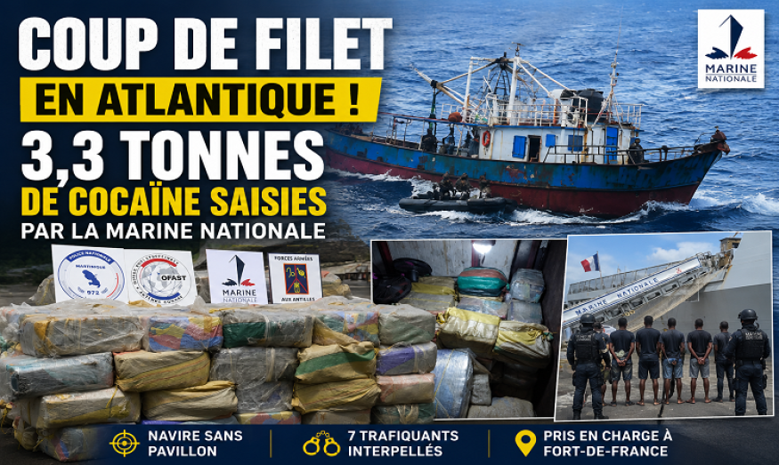 Coup de filet historique en Atlantique : plus de 3 tonnes de cocaïne saisies par la Marine nationale dans la zone Antilles-Guyane