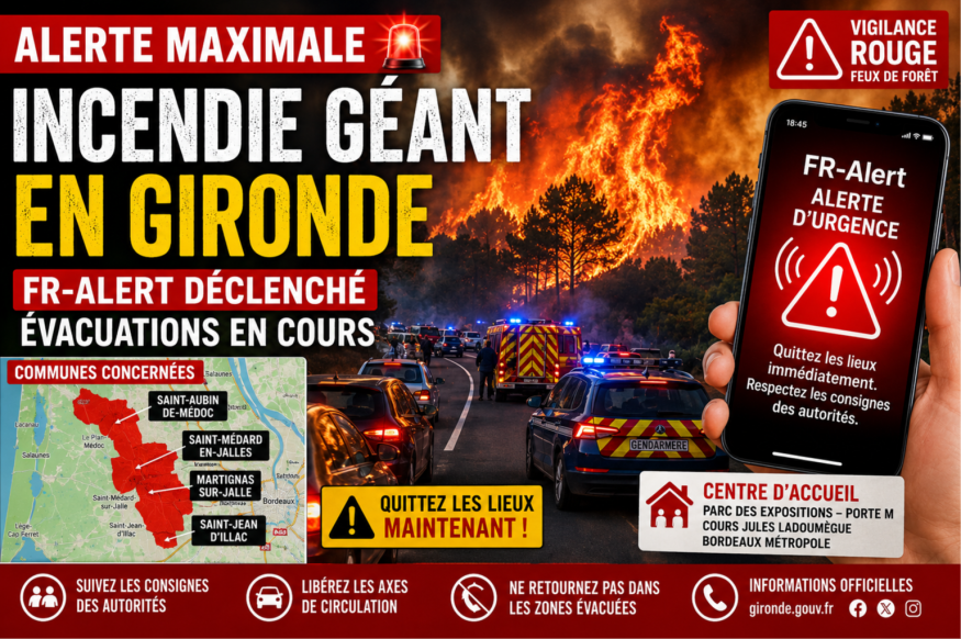 Incendie géant en Gironde : l'alerte maximale, Bordeaux encerclée par les évacuations, FR-Alert déclenché