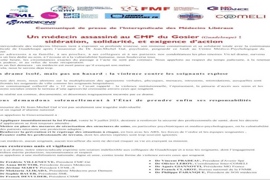 Guadeloupe : communiqué intersyndical après l’assassinat d’un médecin